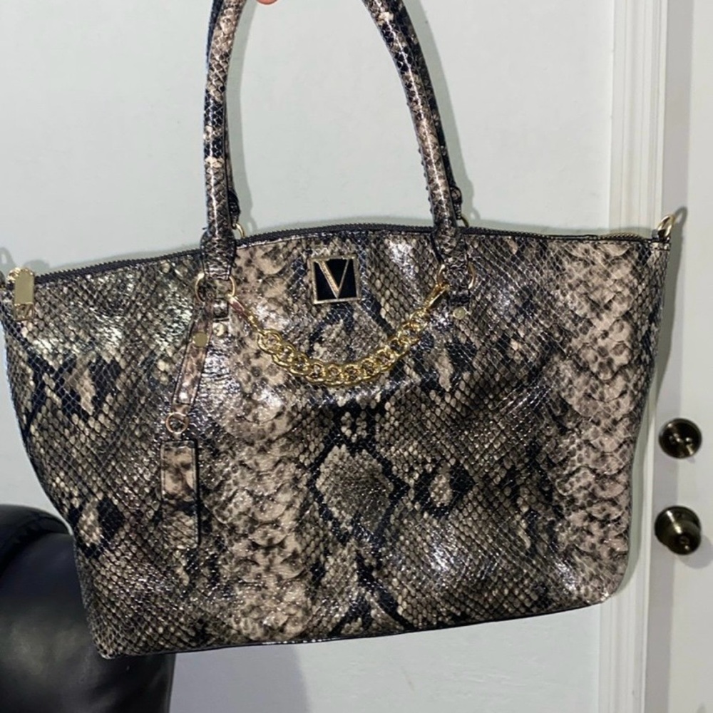 Victoria’s Secret Gray Faux Leather Tote Bag Snake Print Gold Chain Zip